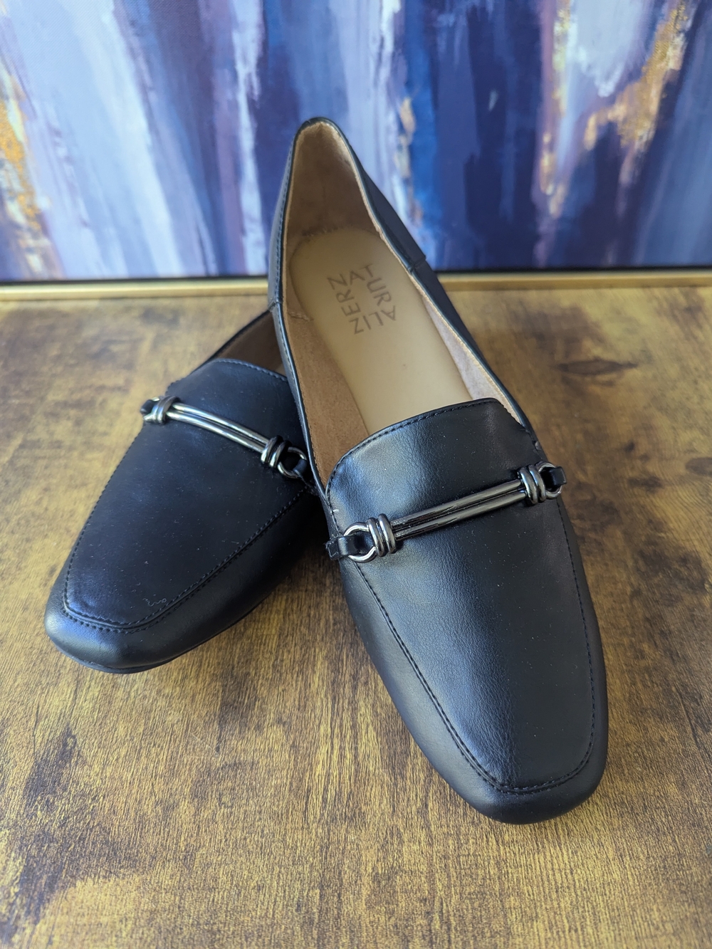 Naturalizer KARI Loafer 8.5 Black Leather Bit Detail Square Toe Work Flats